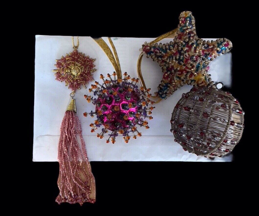 4 VTG Colorful Handcrafted Push Pin Beaded Sequin, Wire,Ball,Star, Ornaments
