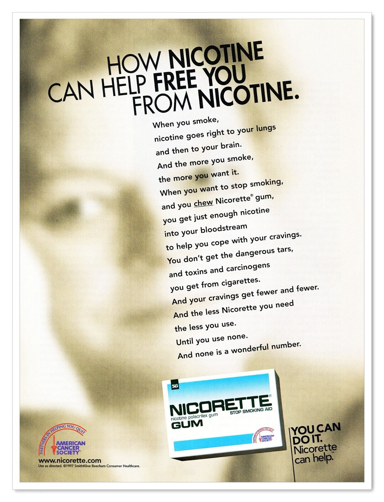 Nicorette Gum American Cancer Society Vintage 1997 Full-Page Magazine Ad