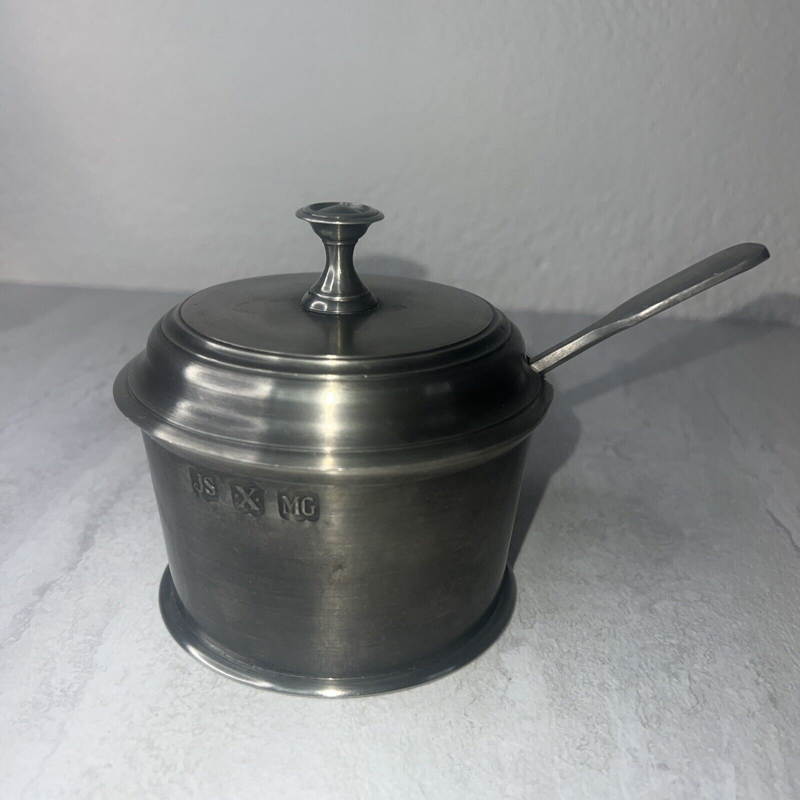 john somers brazil pewter Condiment Sugar Dish With Lid And Spoon Vintage Flaws