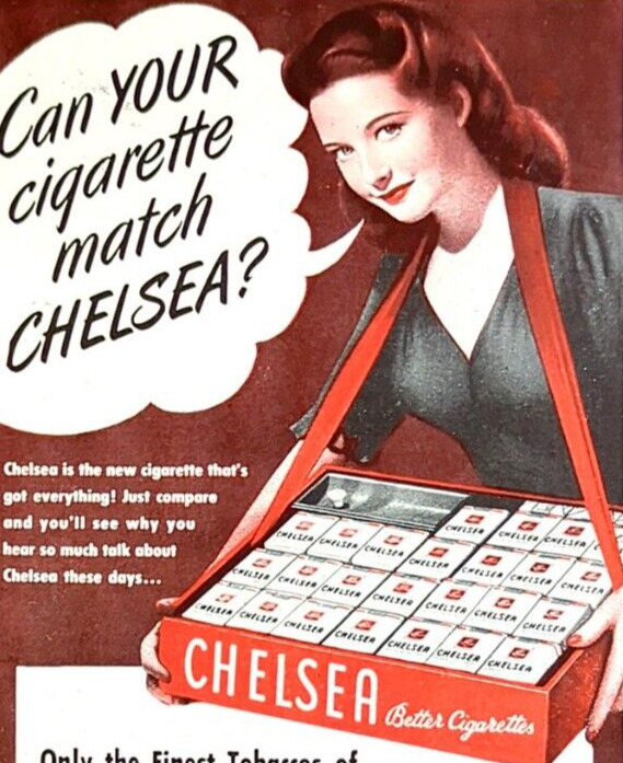 1944 Chelsea Cigarette Girl Vintage Print Ad Pre-War Virginia Dextrose Added