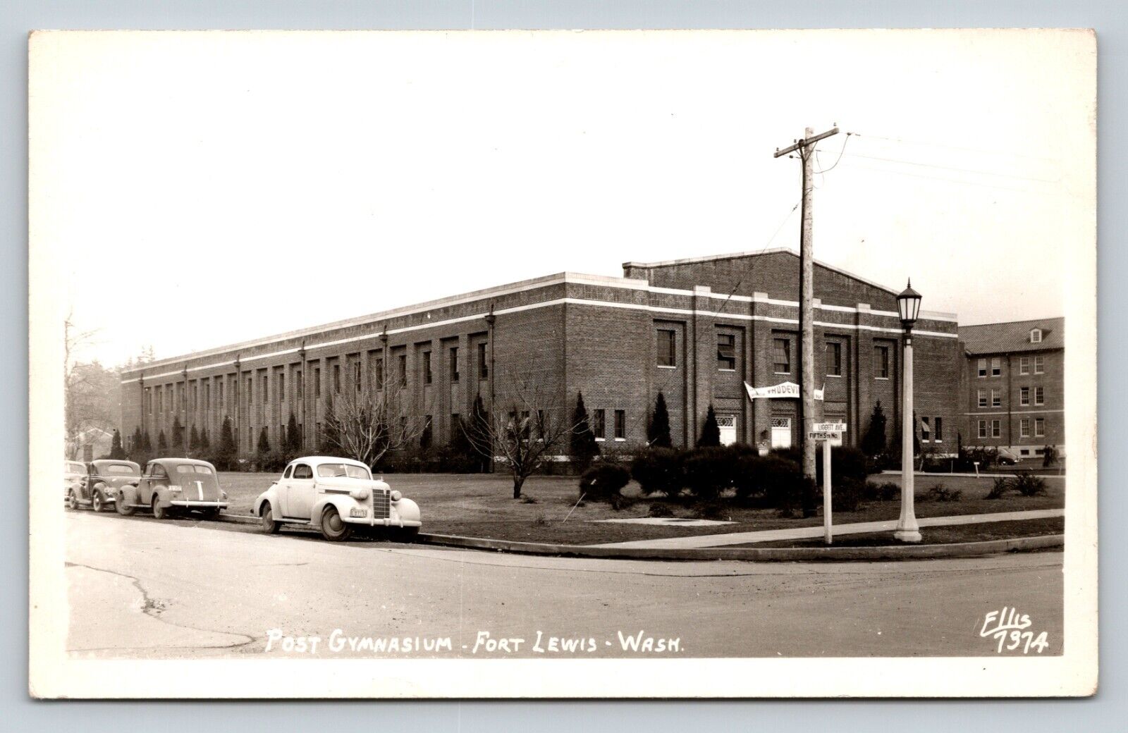 RPPC Post Gymnasium Classic Cars FORT LEWIS Washington VTG Postcard EKC 1940s