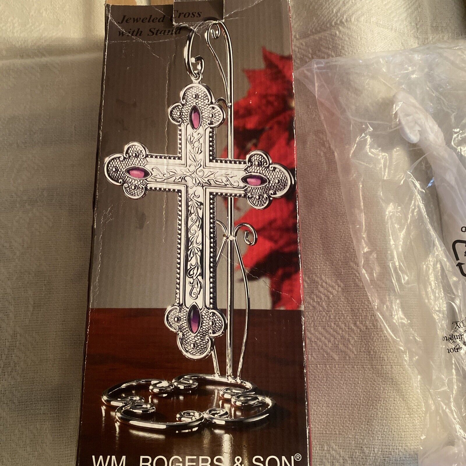 New In Original Box Unused Silver Plated Jeweled Cross With Stand Wm Rogers &Son