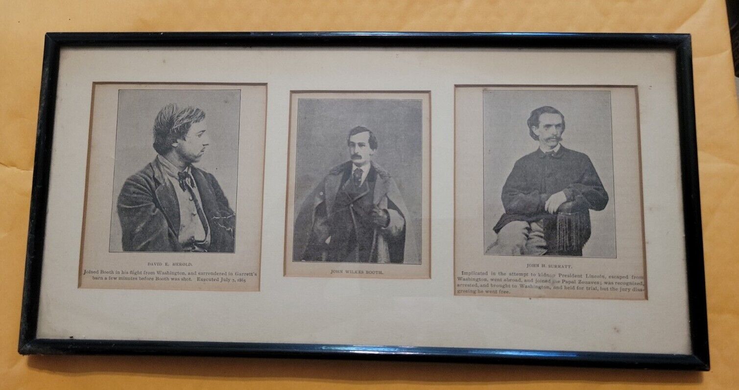 Antique Framed Group Of Clippings LINCOLN ASSASSINATION CONSPIRATORS John Booth