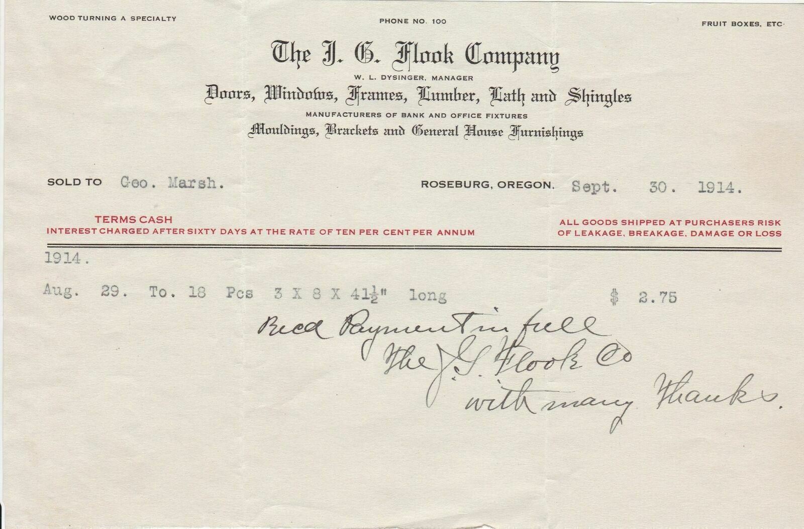 U.S. The J. G. Flook Company Roseburg Oregon 1914 Pieces Paid Invoice Ref 42665