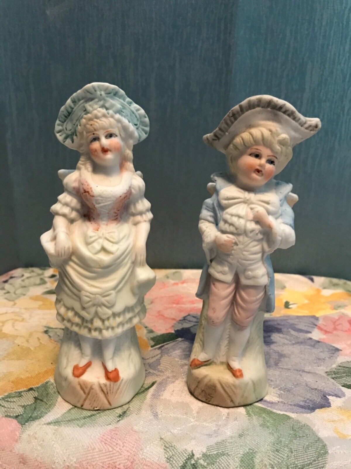 Pair Antique German Boy Girl Bisque Porcelain Figurines Spill Vases Germany 5.25