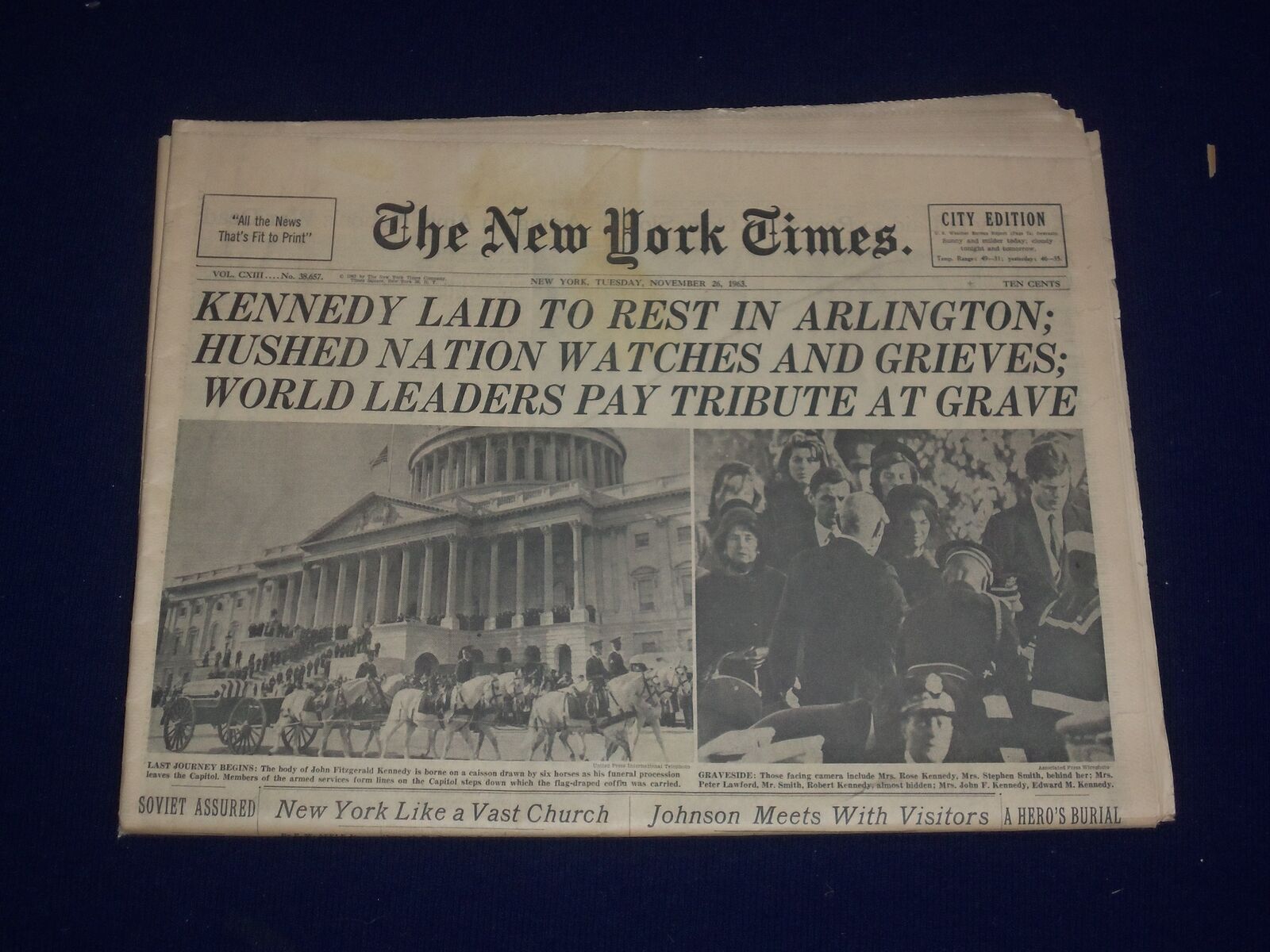 1963 NOVEMBER 26 THE NEW YORK TIMES - KENNEDY LAID TO REST IN ARLINGTON- NP 2999