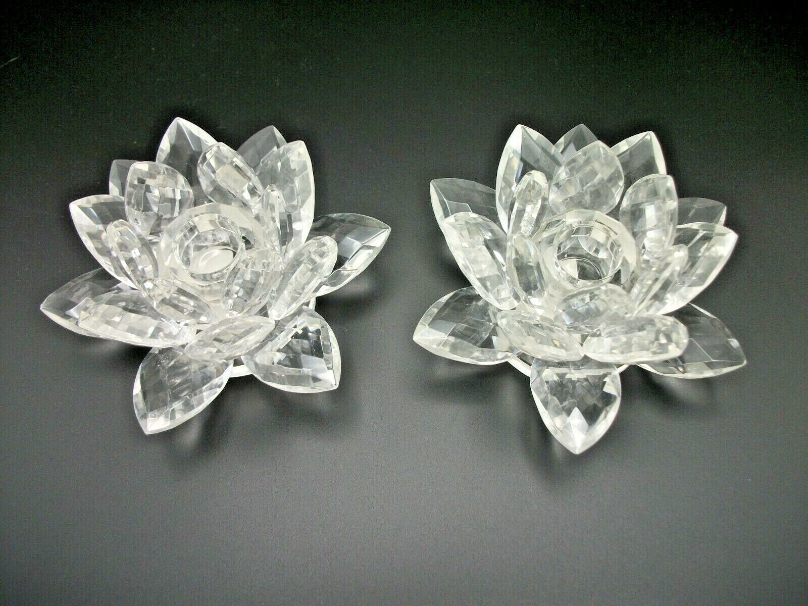 2 Beautiful Water Lily Lotus Flower Crystal Prisms Taper Candle Holders