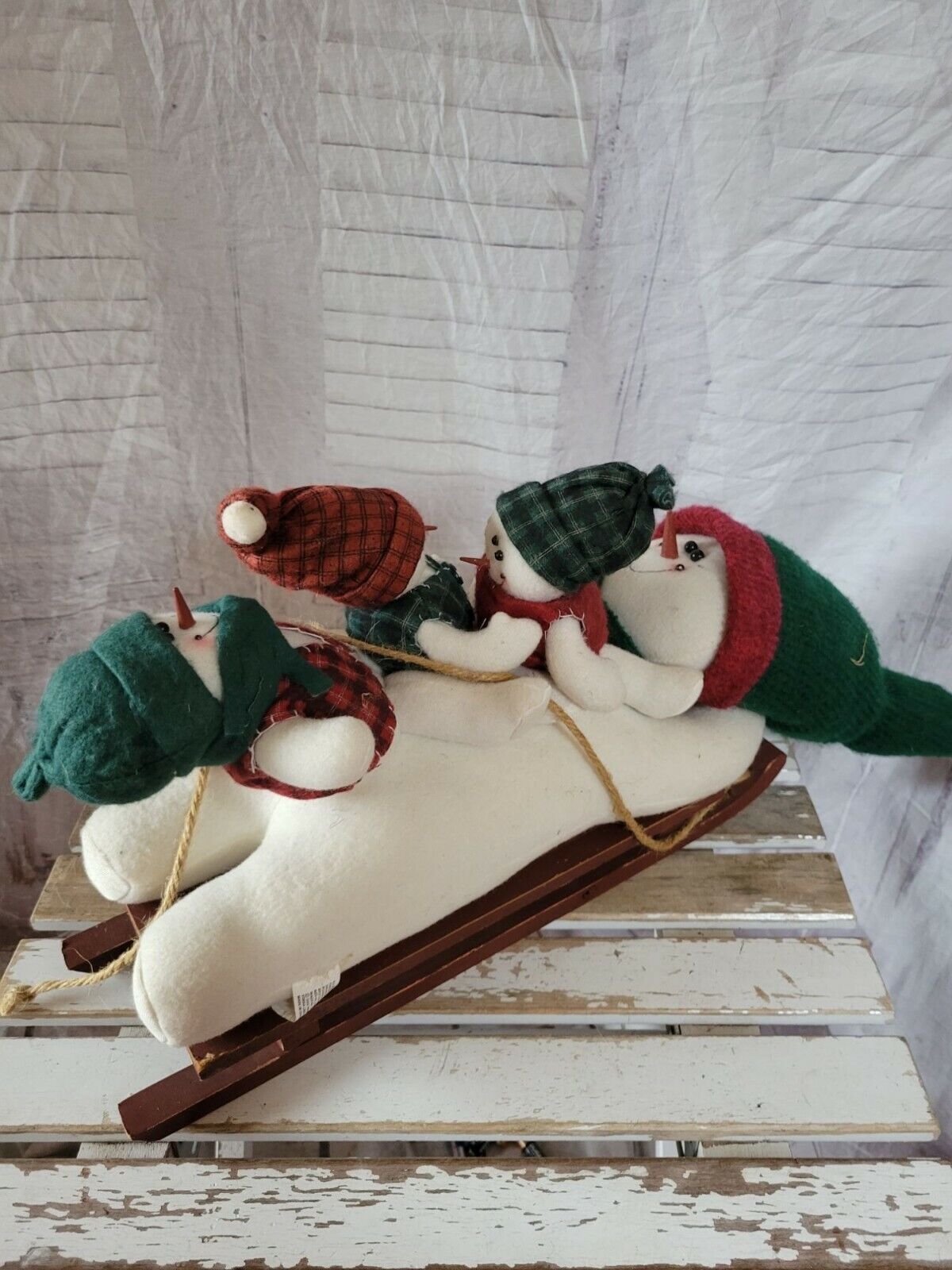 Prima snowman sled family country folk art plush stuffed Xmas decor vintage 2000