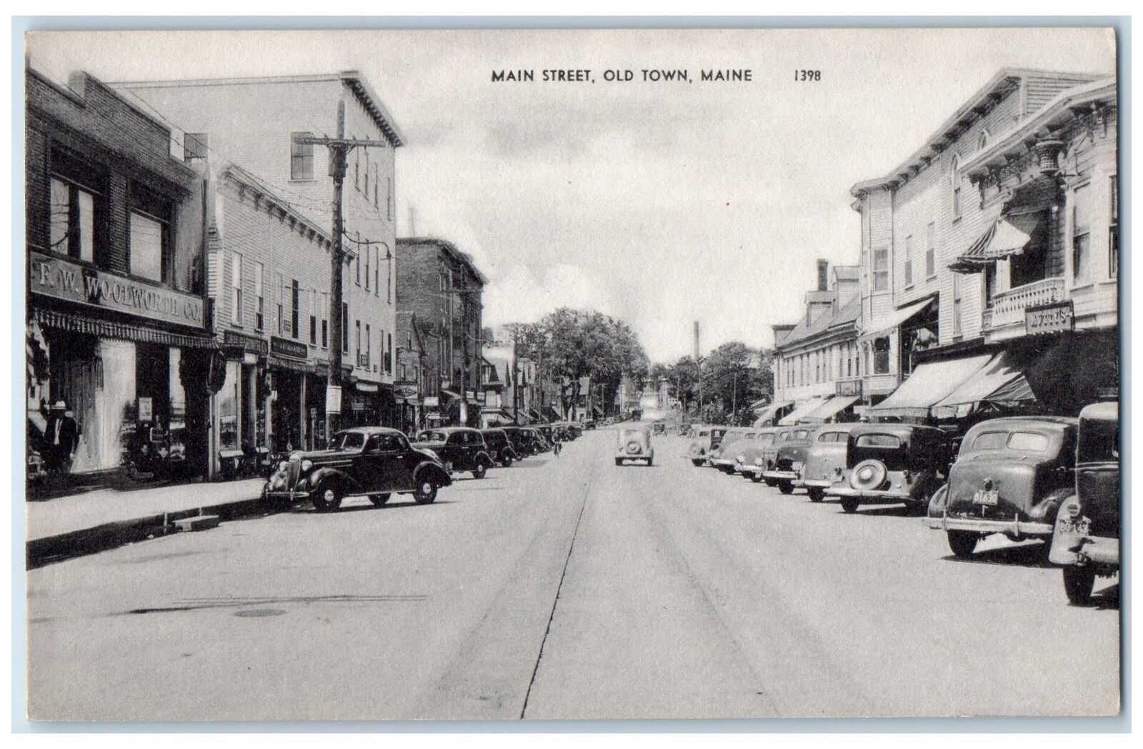 1941 Main Street Old Town Classic Cars Parked Establishments Maine ME Postcard