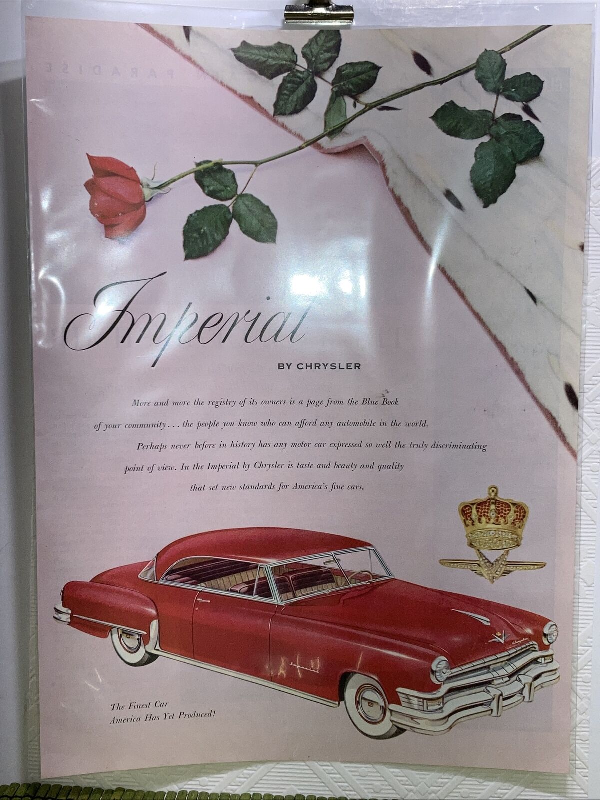 Vintage Chrysler Imperial Car Red Print Ad 1952 Holiday Magazine Full Page