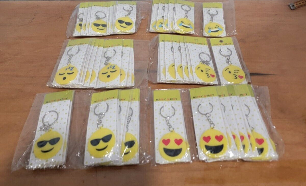 Lot of 50 + Brand New Emoji Expressions Keychain Rubber Smiley Happy Heart Faces