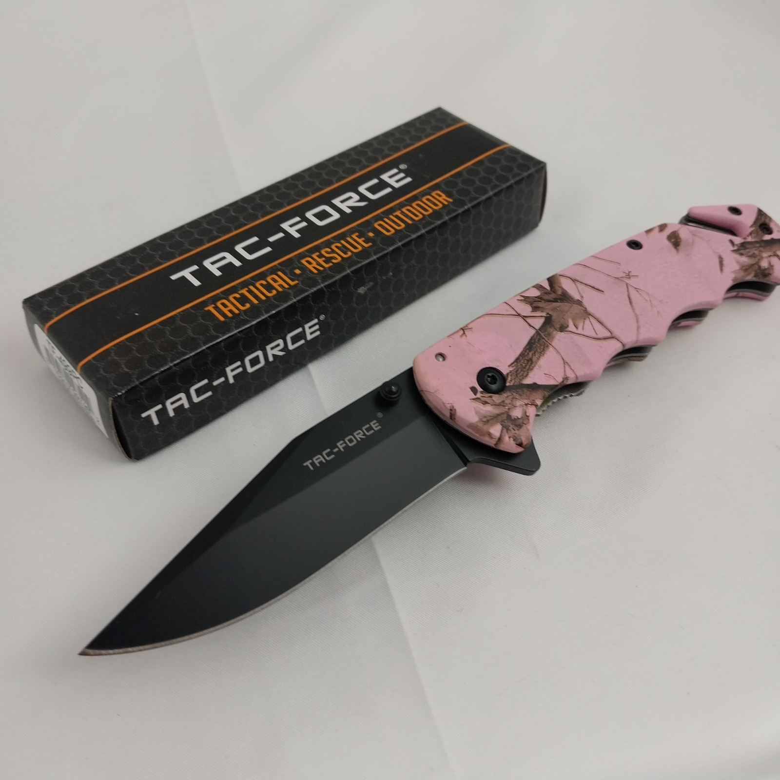 Tac Force Rescue Linerlock A/O Pink Forest Camo Handle Black Folding Knife 499PC