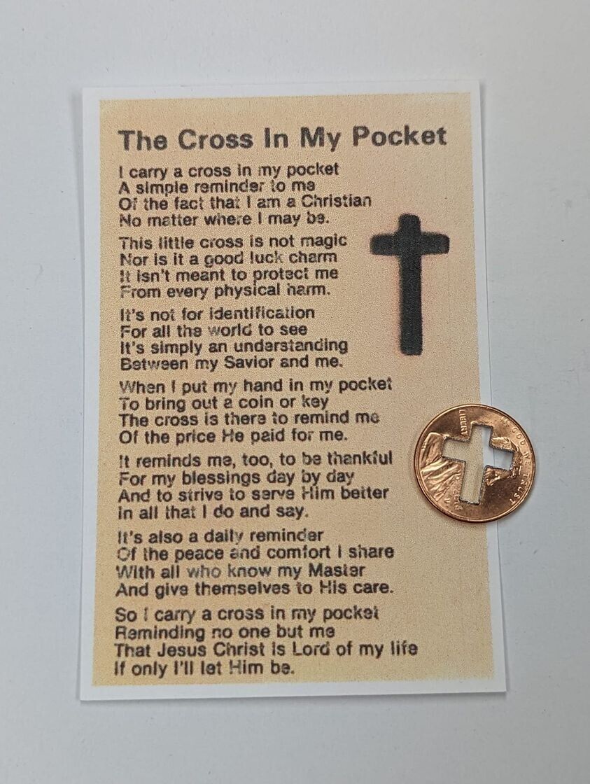 The Cross In My Pocket poem card with 1 cut out penny cross