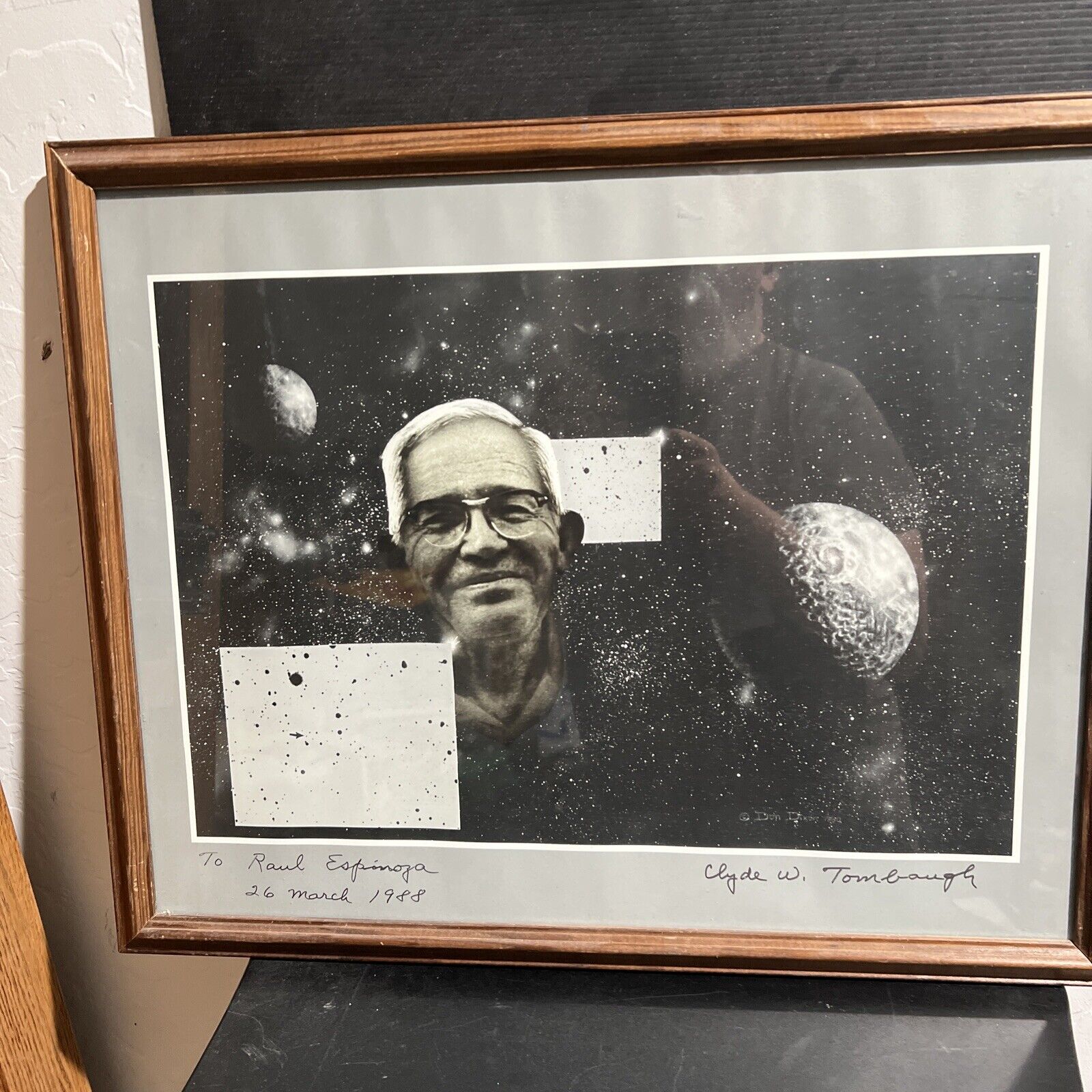 Framed SIGNED Clyde Tombaugh Photo of the 9th Planet, Pluto 21 1/2” x 17 1/2”