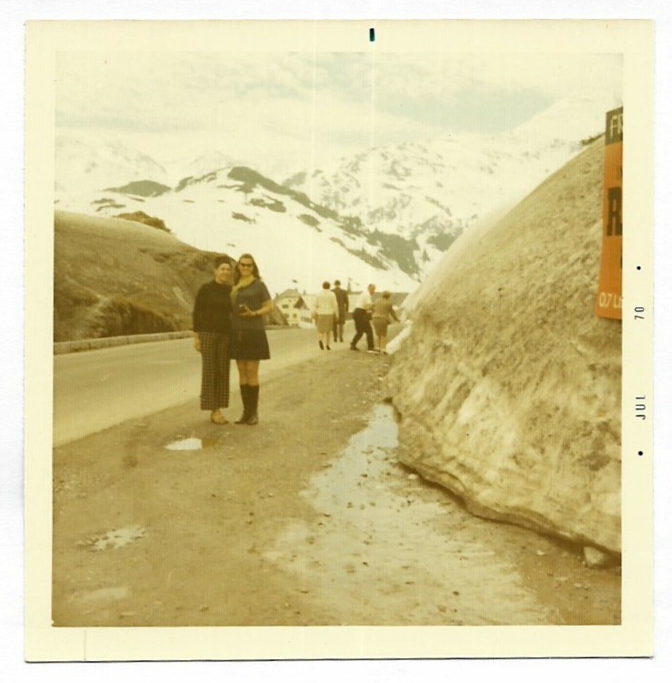 Square Vintage 70s PHOTO Pair Women & People on Snowy Mountain Road Trip