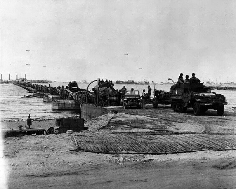 US Army Vehicles Mulberry Artificial Harbor Omaha Beach 8x10 WWII Photo 783