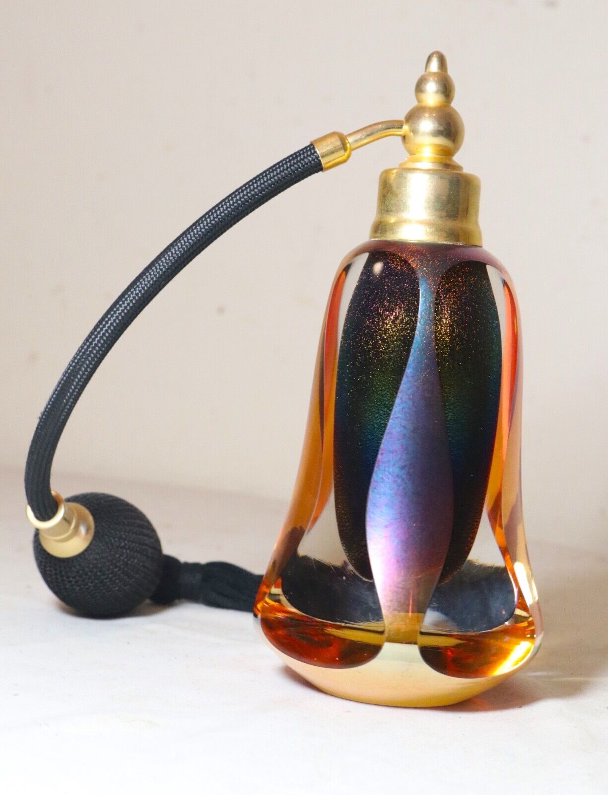 signed hand blown studio iridescent art glass brass perfume bottle atomizer jar