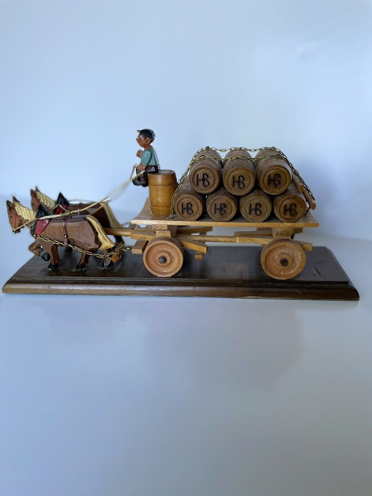 RARE Vintage German Hand Carved  2 Horse Drawn Hofbrauhaus Beer Wagon