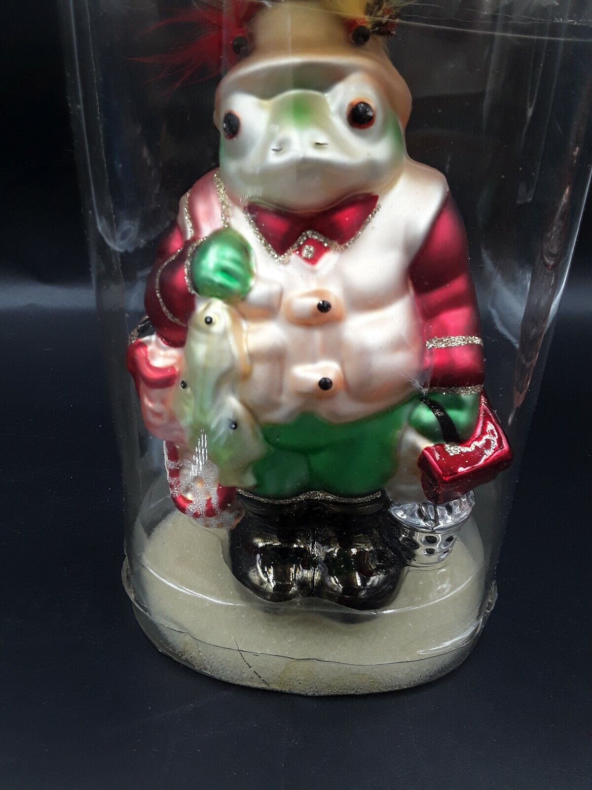 Peschka Glass Frog Fishing Blown Glass Christmas Ornament NIP