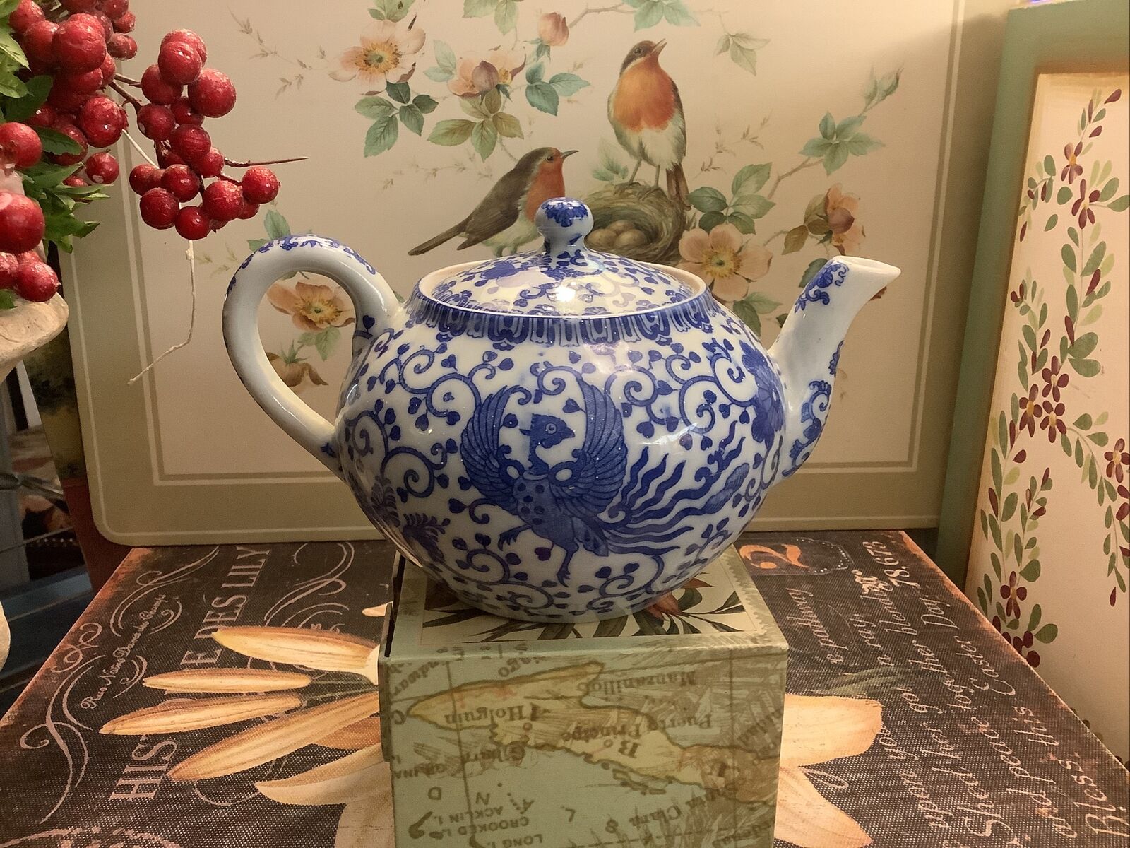 Small Blue & White Teapot~Japan~Birds & Scroll Design~Excellent~
