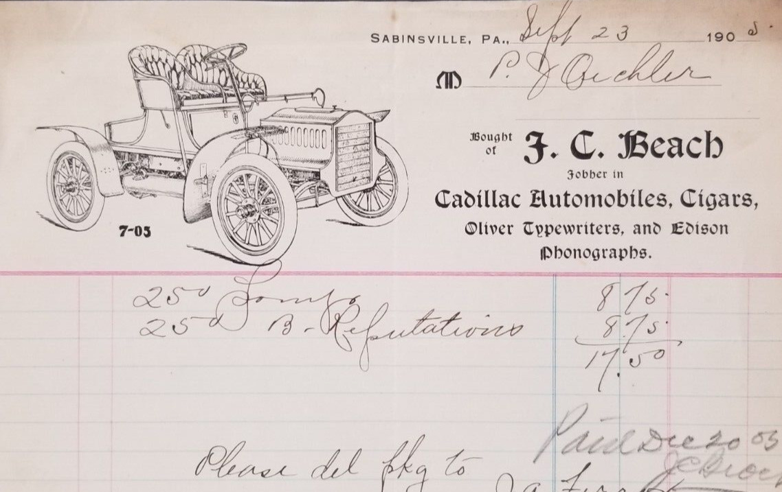 Antique 1906 Cadillac Automobile Dealer Sabinville Pennsylvania Bill Letterhead