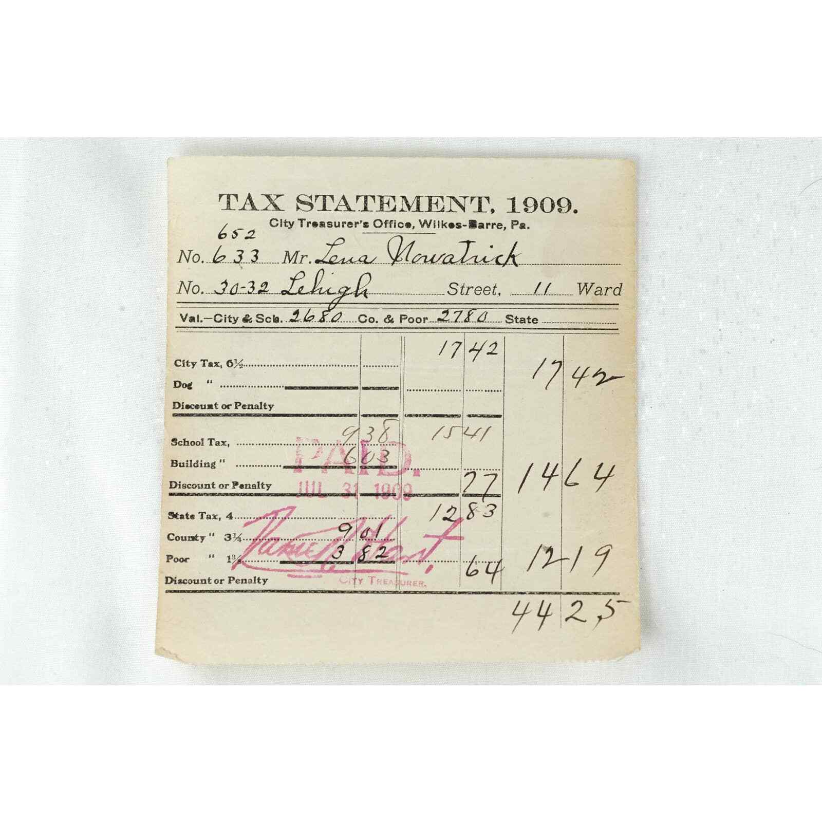 1909 Tax Statement, Wilkes-Barre Pennsylvania City Treasurer Receipt Letterhead