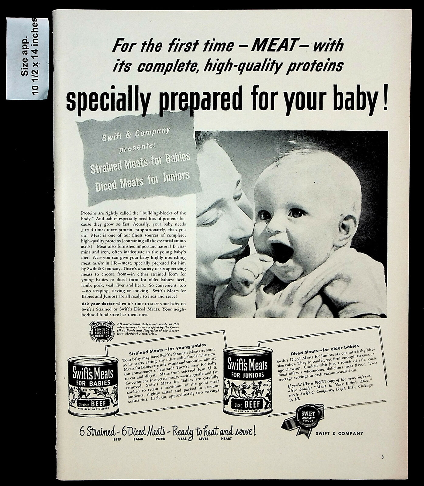 1947 Swift\'s Meats For Babies Beef Juniors Canned Protein Vintage Print Ad 30522