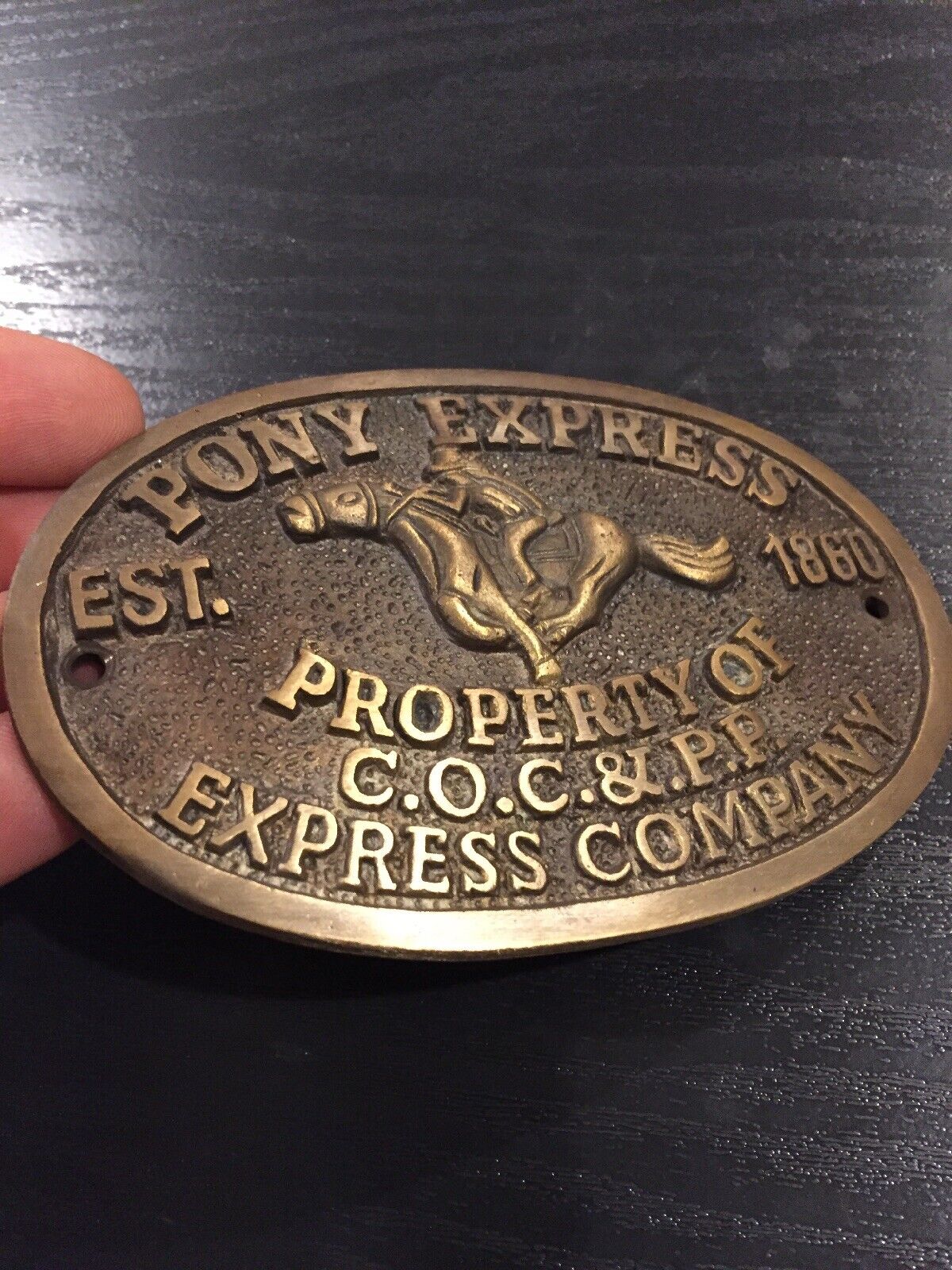 Pony Express Sign Strong Box Plaque Solid Metal Brass Finish Patina Cast Iron