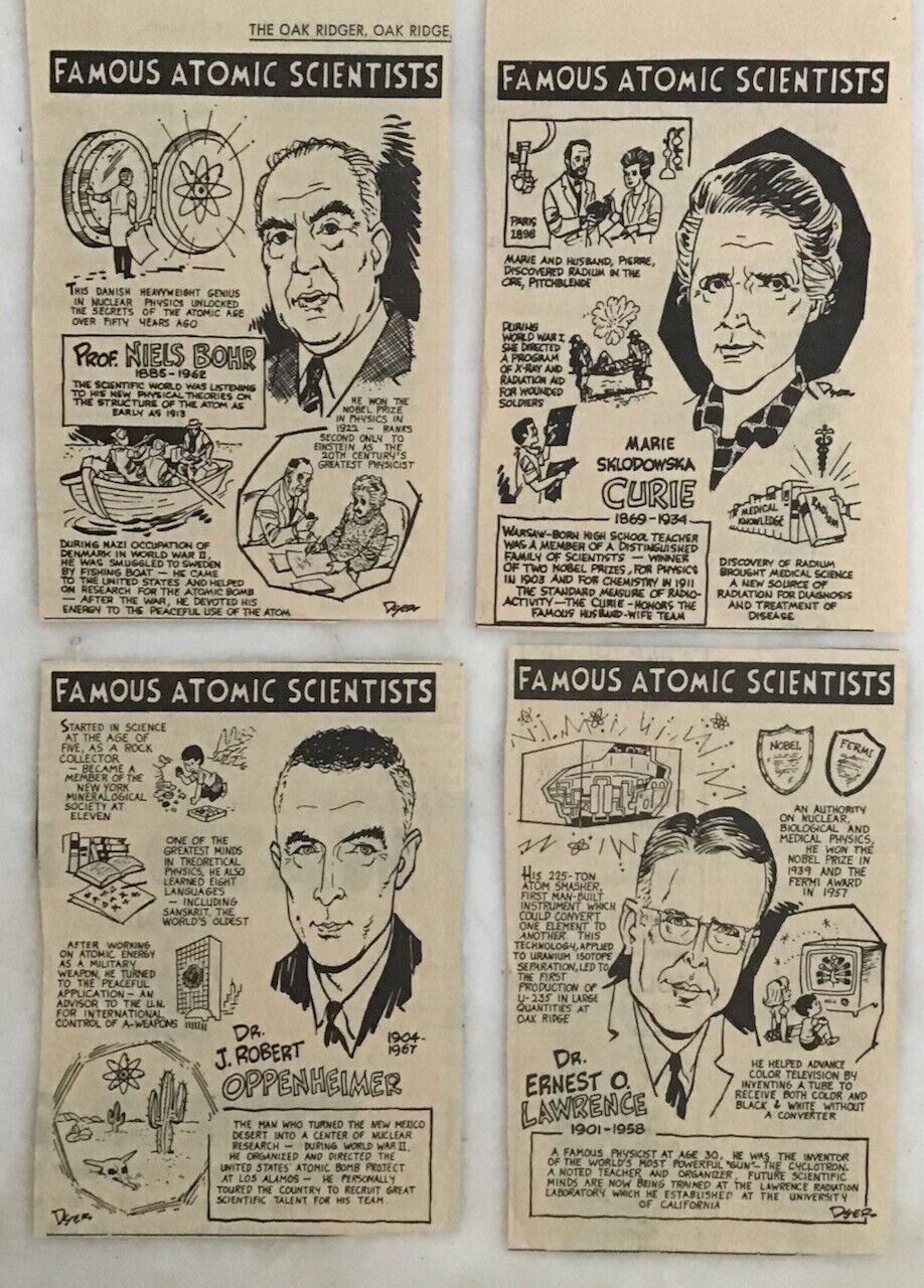 4 newspaper panels Famous Atomic Scientists - Curie, Oppenheimer, Bohr, Lawrence