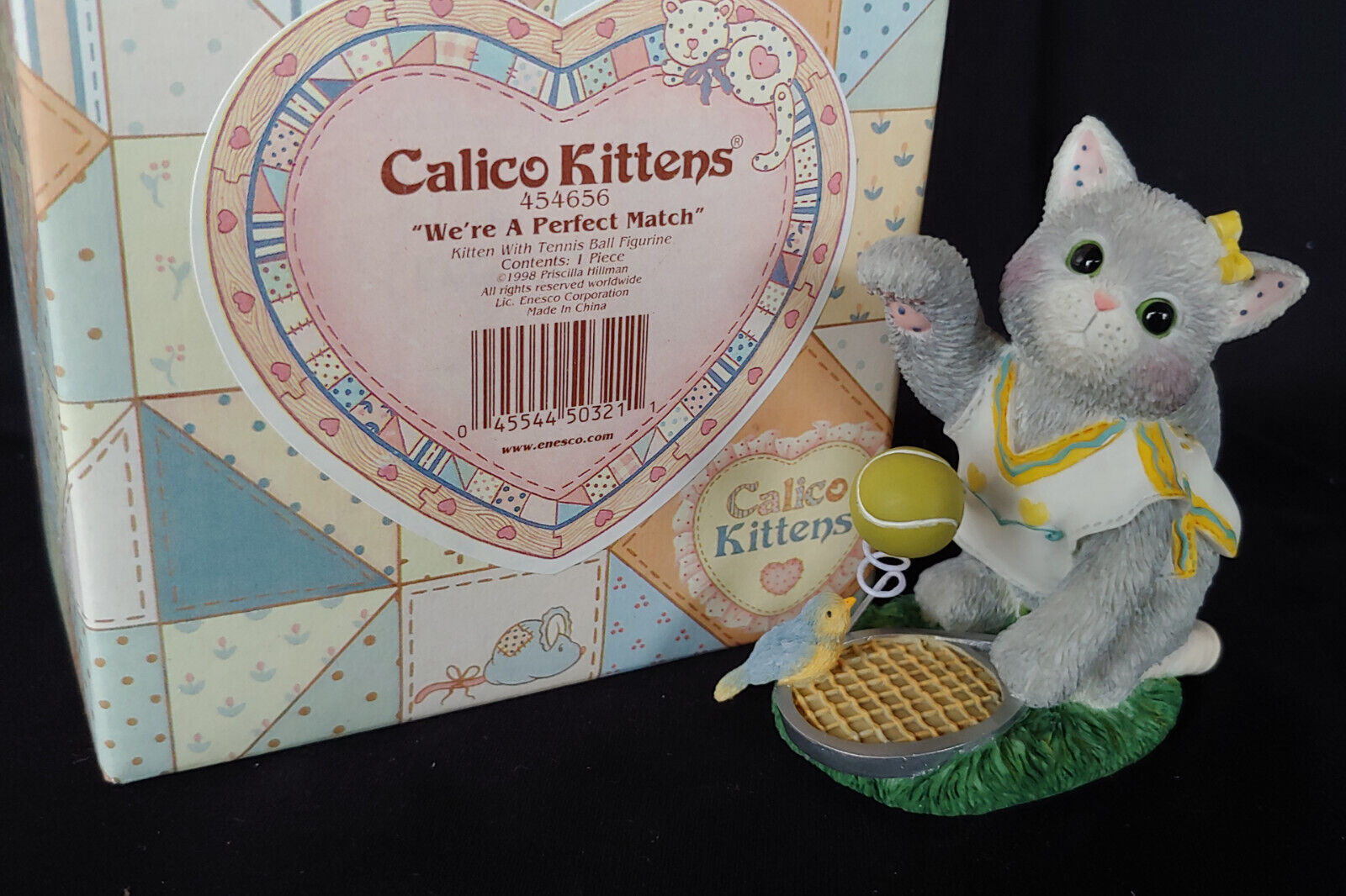 Enesco Calico Kittens 1998 We're a Perfect Match, tennis cat bird, 454656