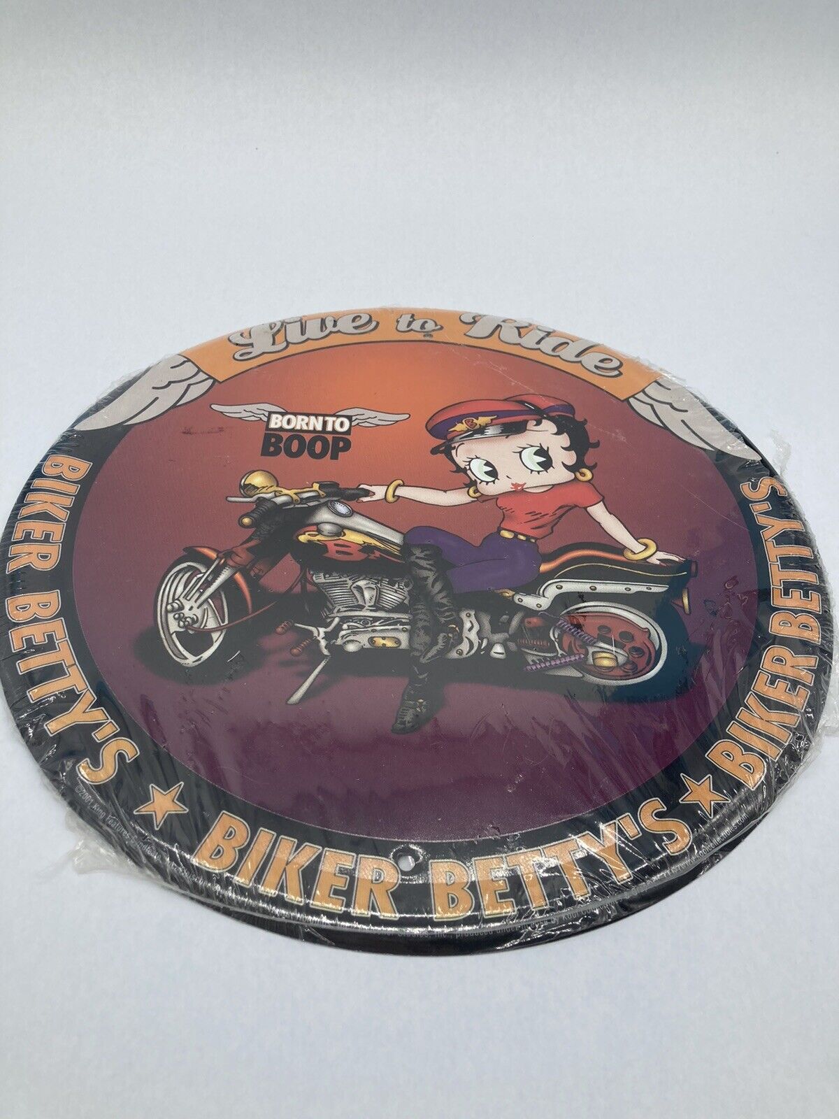 Betty Boop Sign Biker Motorcycle Live to Ride Rnd Metal Vintage Advertising Tin