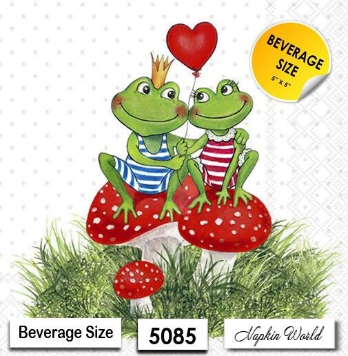 (5085) TWO Paper BEVERAGE / COCKTAIL Decoupage Art Craft Napkins - LOVE FROGS