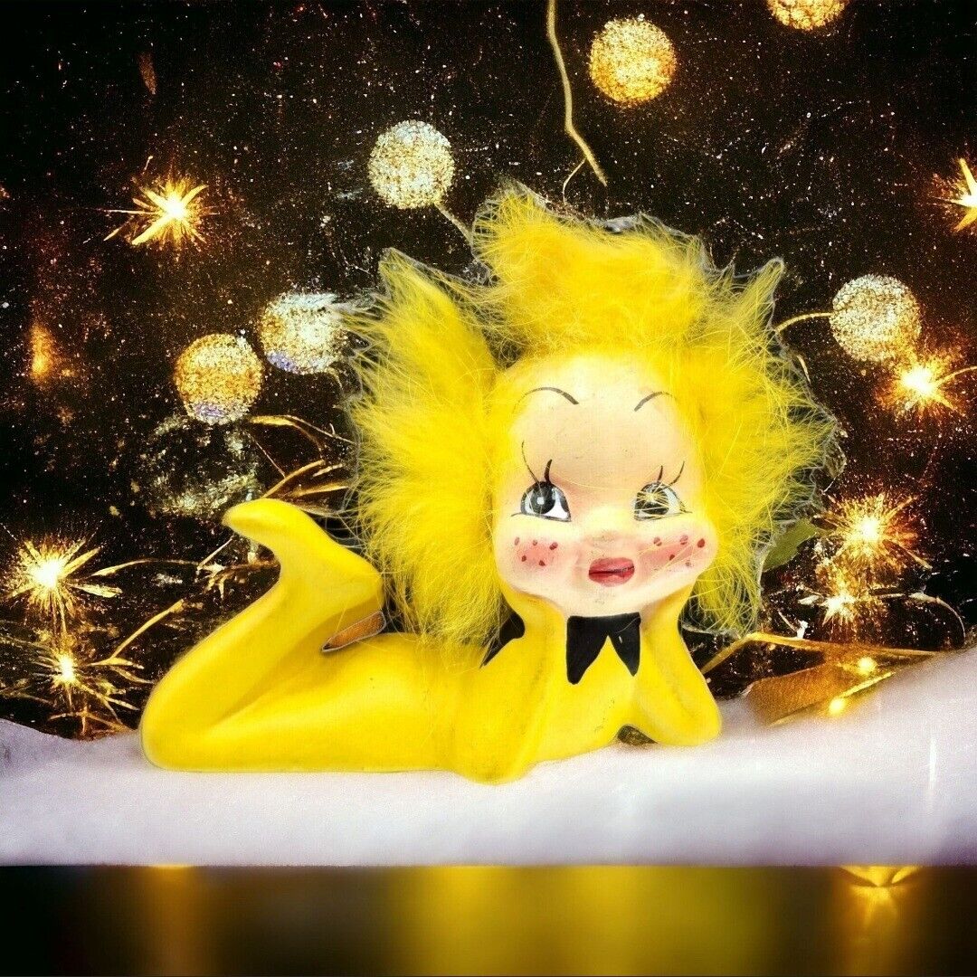 Moon Girl Alien Figurine Yellow Furry Hair Pixie 1960s Norleans Japan Antenna