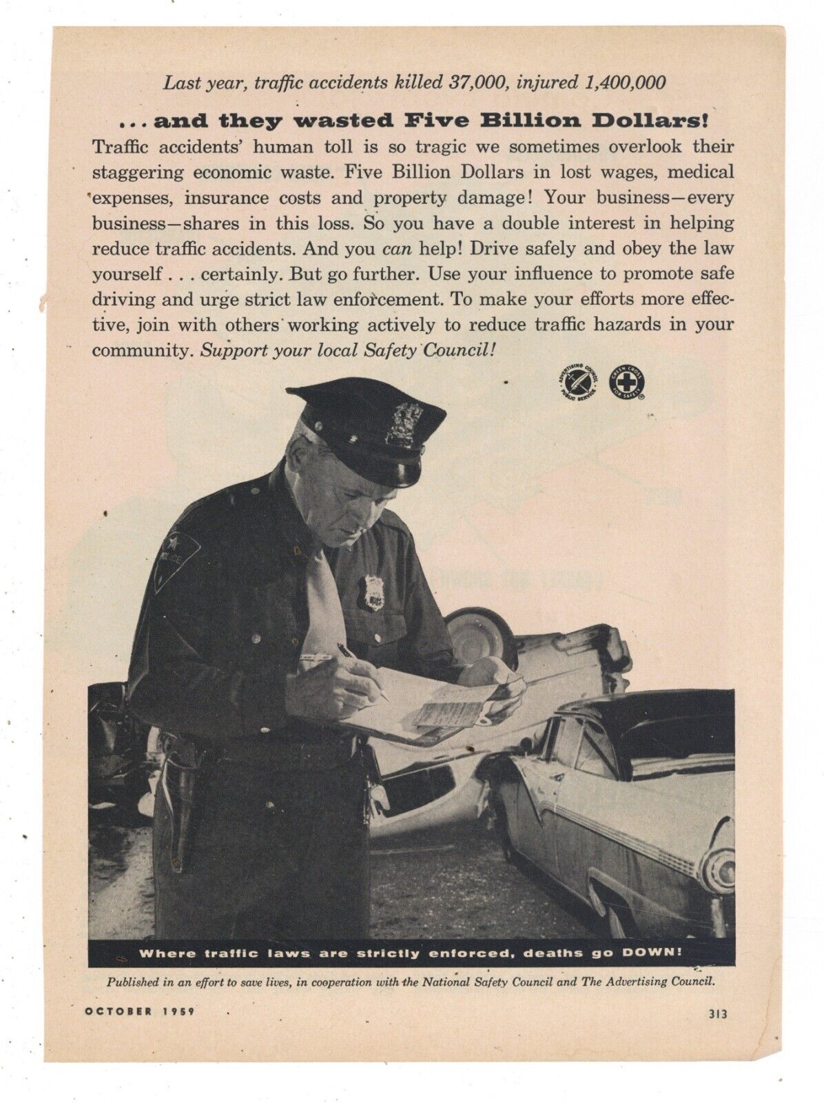 1959 National Safety Council Ad: Traffic Accident Fatalities/Injuries for 1958