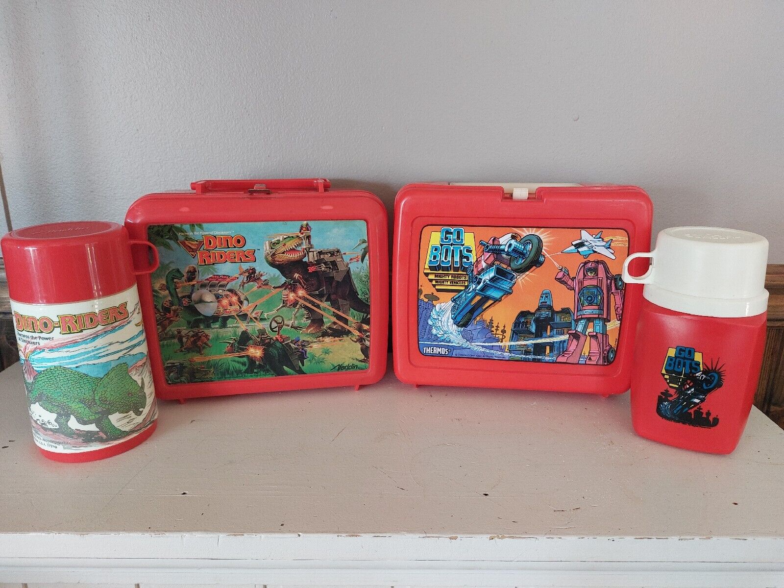Vintage Dino Riders And Go BOTS Lunchboxs With Thermos 