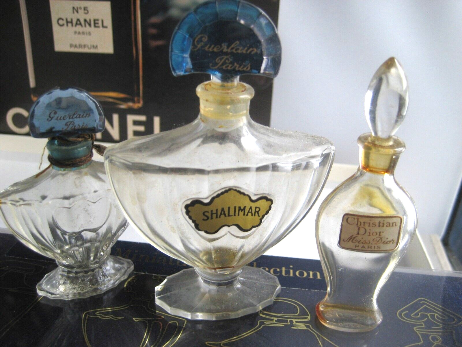 🎁lot Vintage Parfum perfume bottle Guerlain 1 oz Shalimar Miss Dior Amphore 1/4