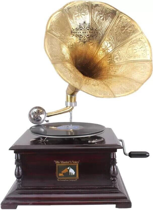 Vintage His Master's Voice Gramophone Nautical Wooden Brass Horn Gift Decorative