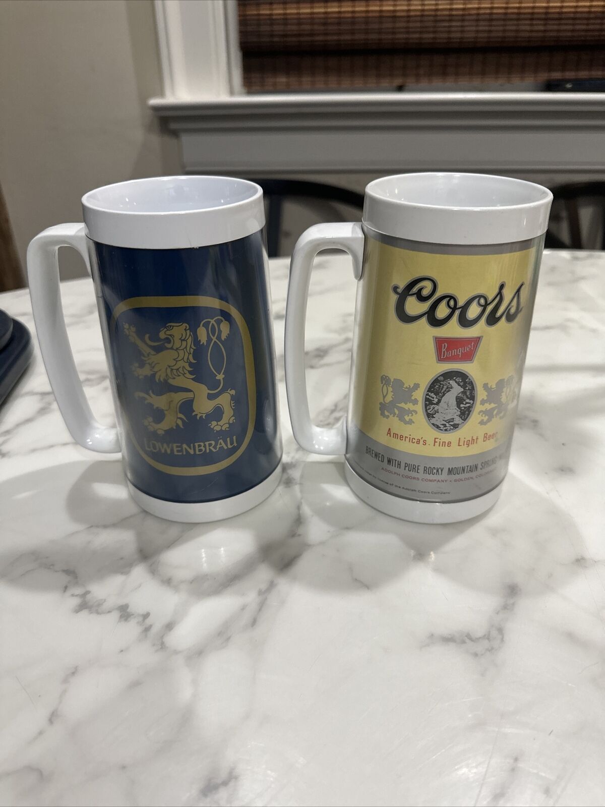 2 Vintage West Bend Thermo-Serv USA.. Plastic Advertised Beer Mugs 6 1/2” H