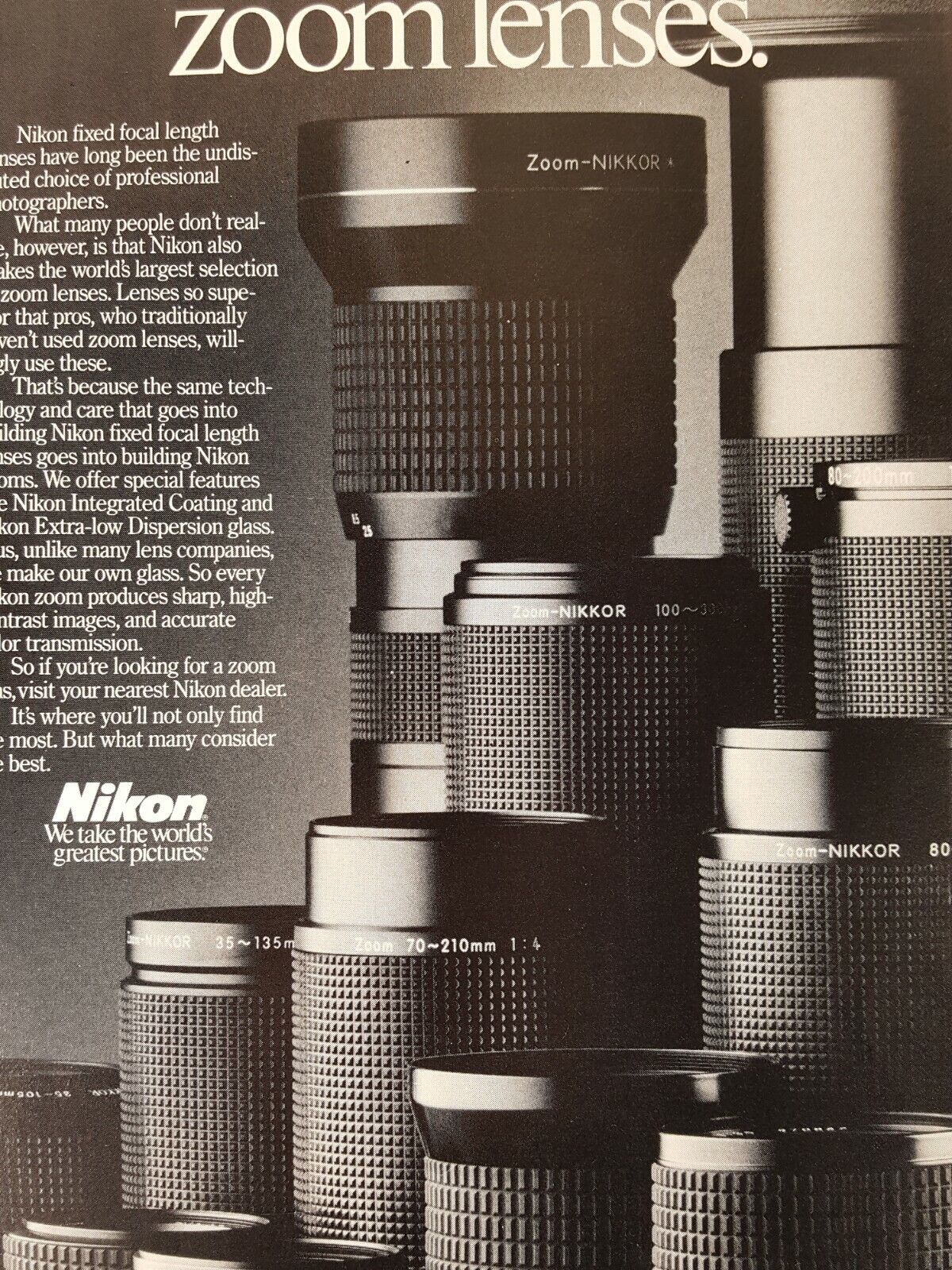 Print Ad Nikon Long Short Zoom Lenses 1986 Vintage Advertising from Nat Geo Mag