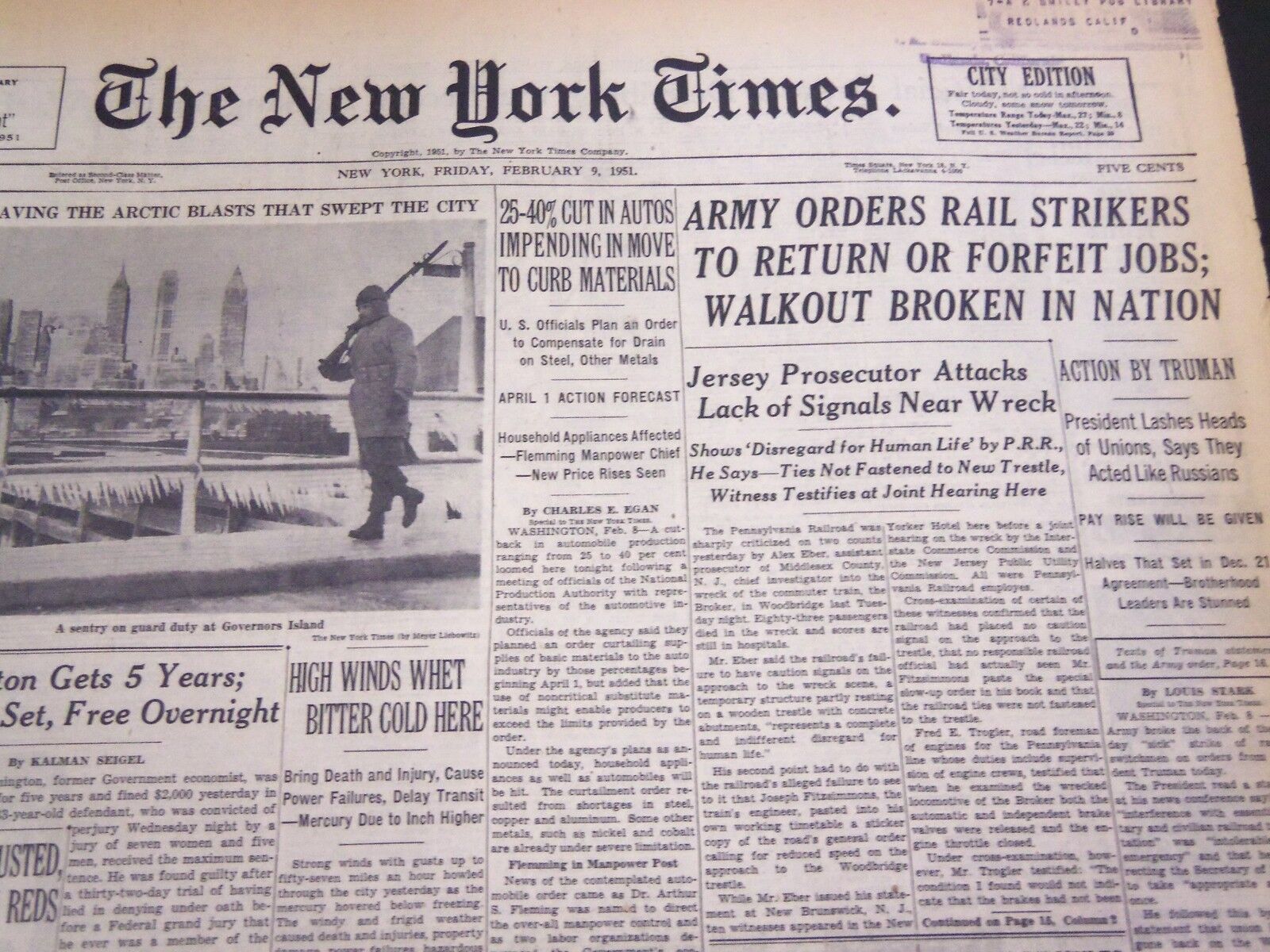 1951 FEBRUARY 9 NEW YORK TIMES - ARMY ORDERS RAIL STRIKERS TO RETURN - NT 4279