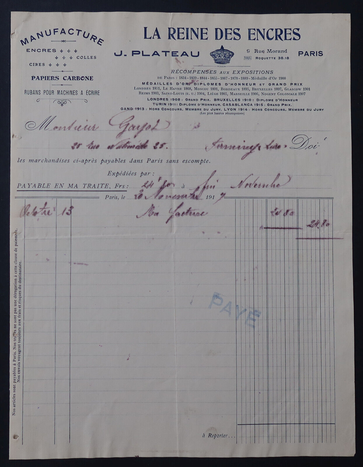 1917 PARIS QUEEN OF INK INVOICE PLATEAU writing nibs ink billhead 153