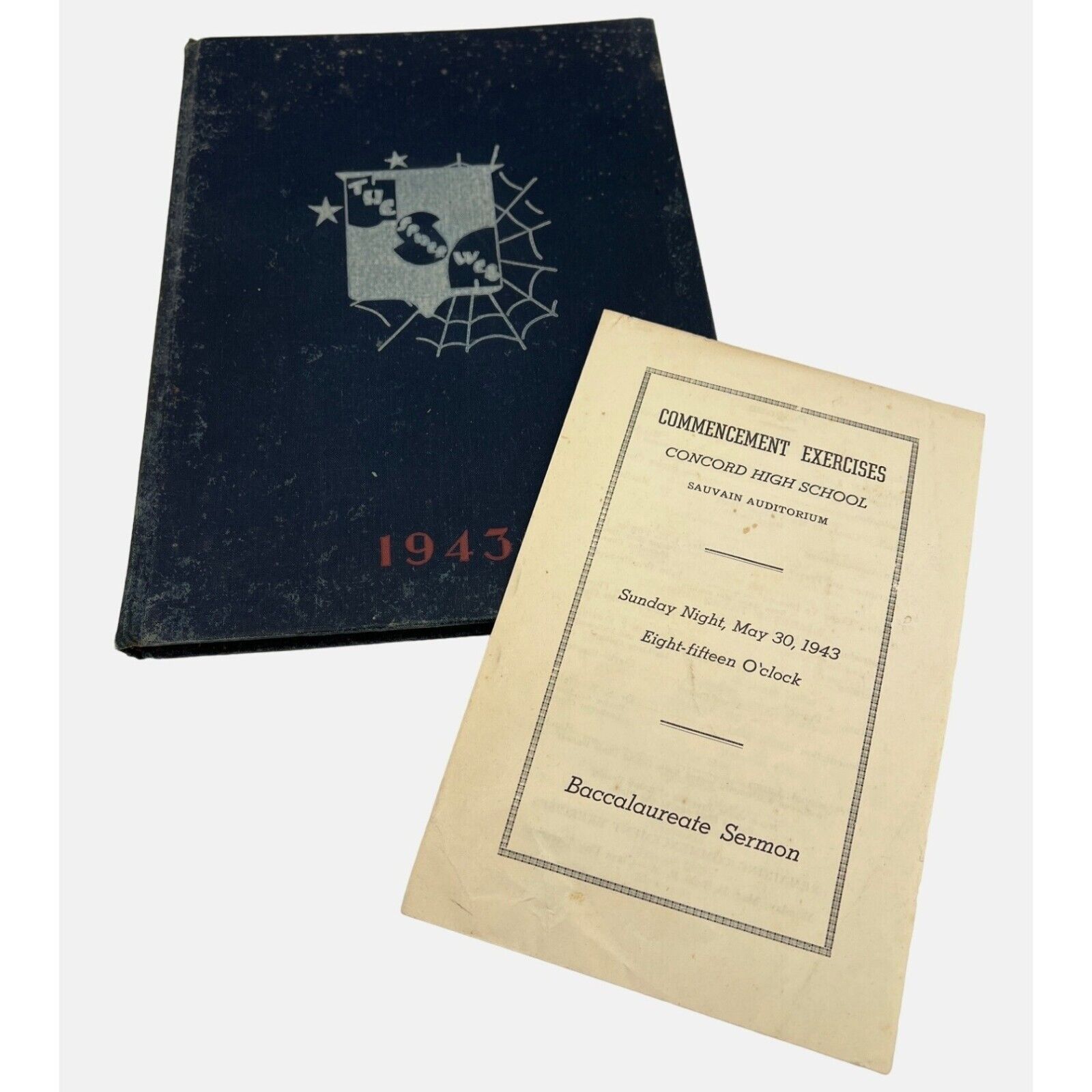 Vintage 1943 The Spider Web Yearbook Concord High School w/ Commencement Program