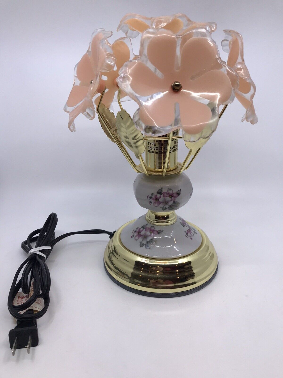 Vintage 3 Way Touch Lamp w/ 6 Pink Acrylic Flowers Tested Works