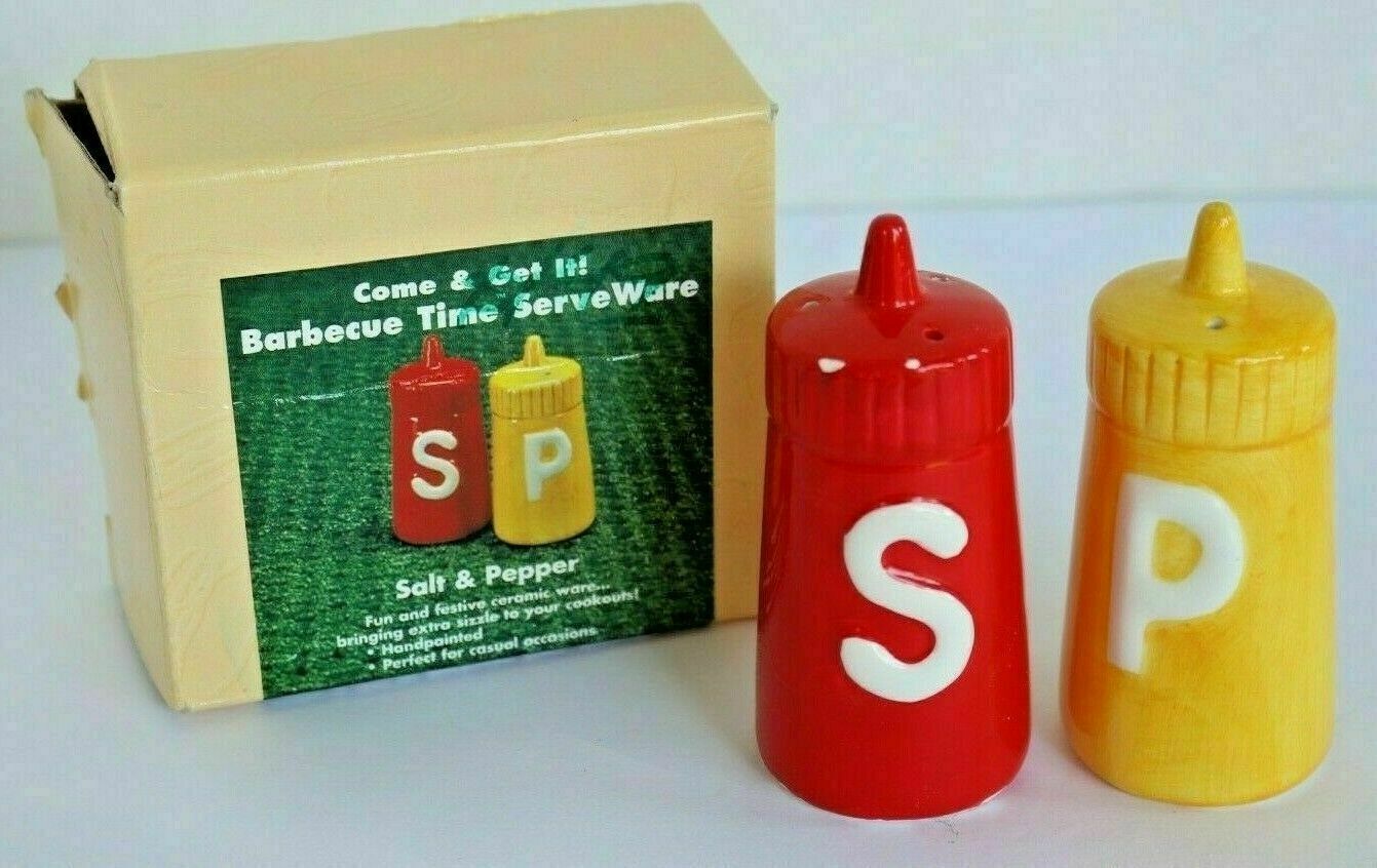 Come and Get It Barbecue Time Servware Ketchup & Mustard Salt and Pepper Shakers