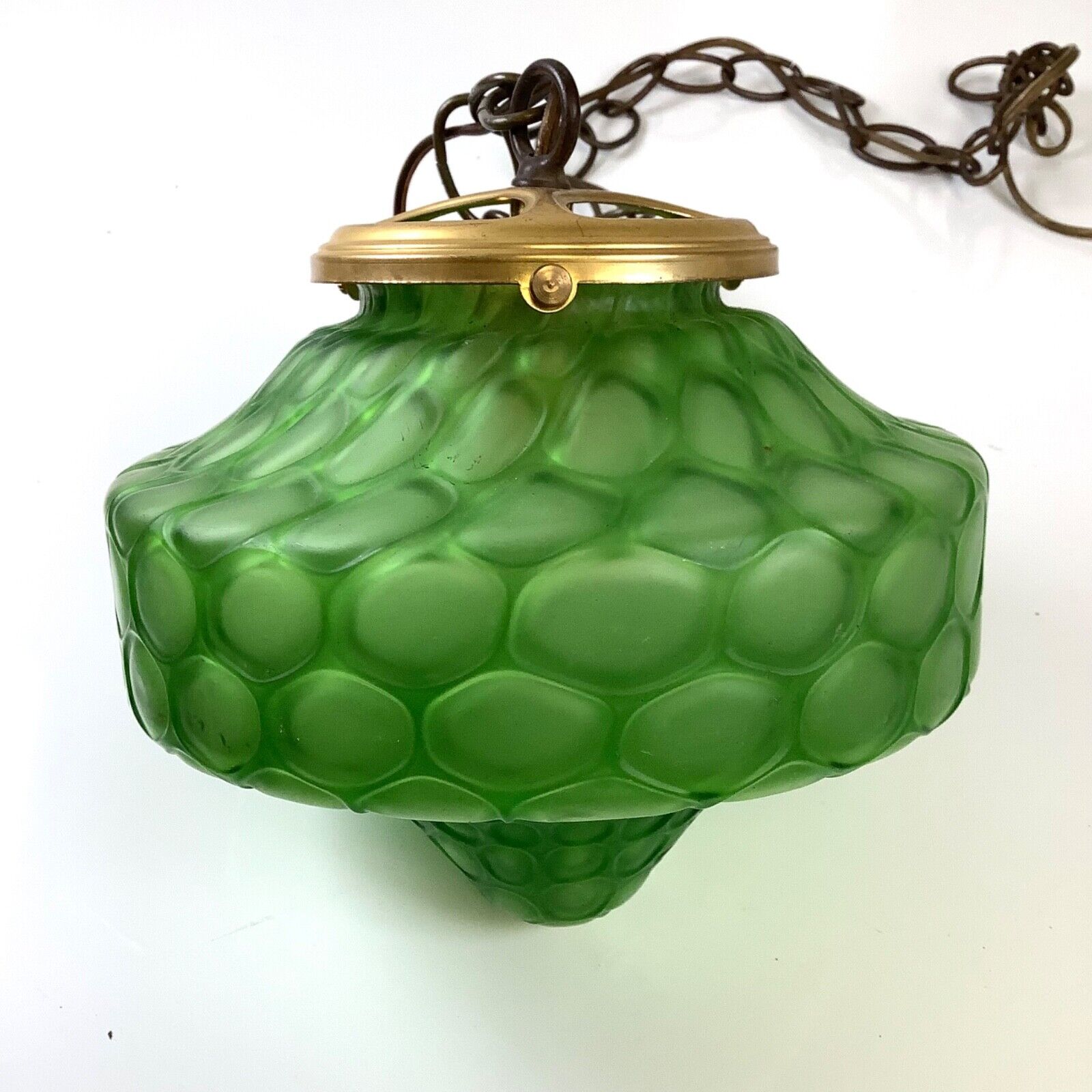 Vtg MCM 7”H Round Green Globe Hanging Swag Bubble UFO Lamp w/30in Chain READ