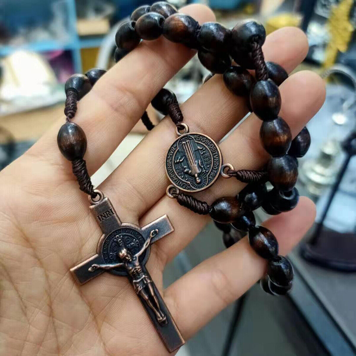 Saint St Benedict Deep Brown Wood Beads Rosary Prayer Crucifix Cross Necklace