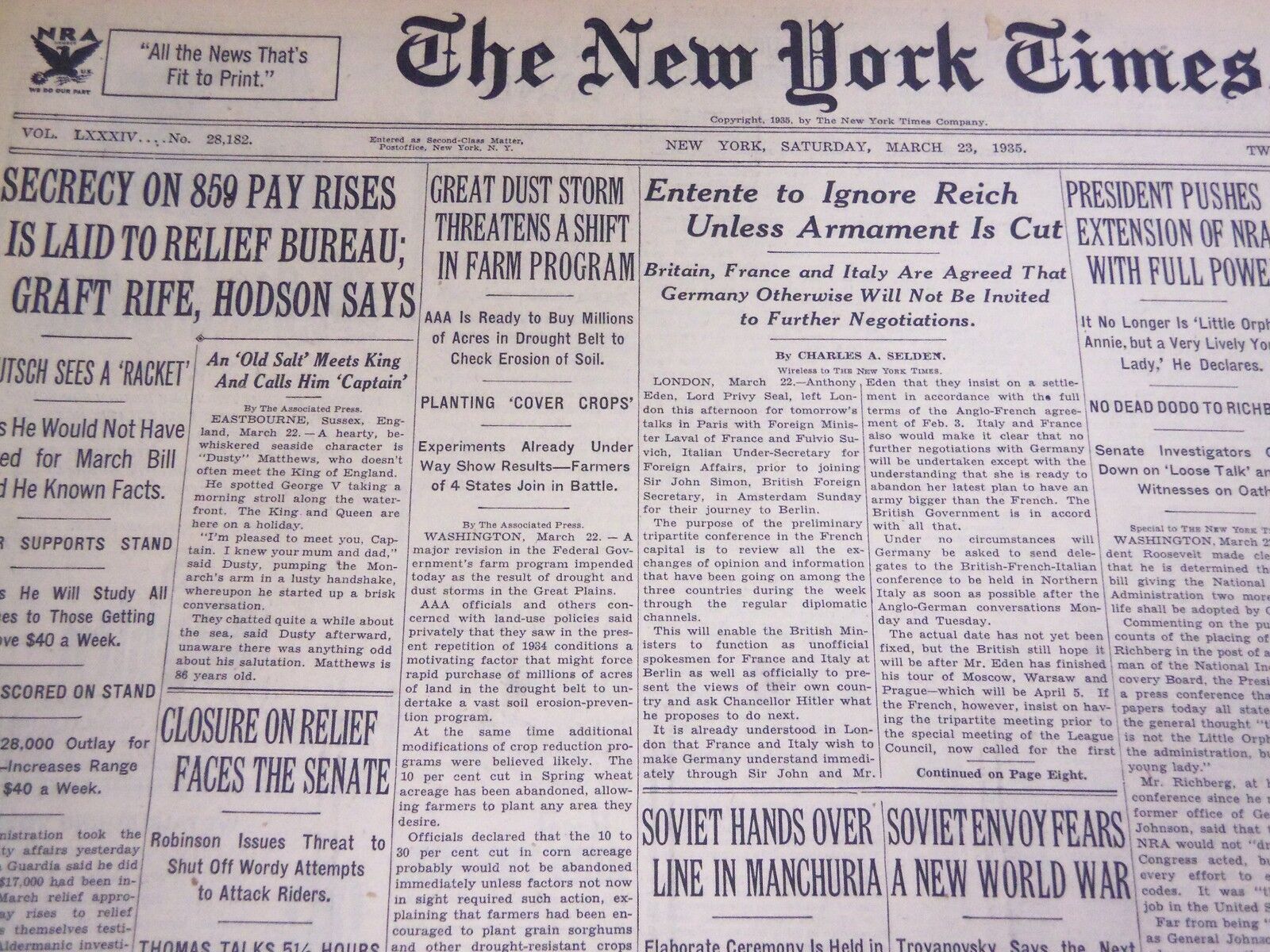 1935 MARCH 23 NEW YORK TIMES - GREAT DUST STORM THREATENS FARM PROGRAM - NT 4927