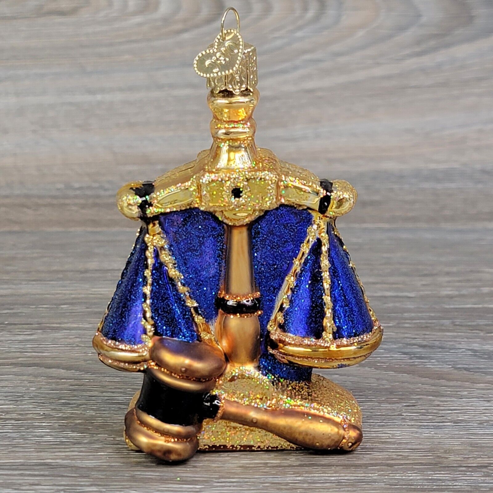 Old World Christmas Scales of Justice Ornament Judge Law Gold BLue Blown Glass