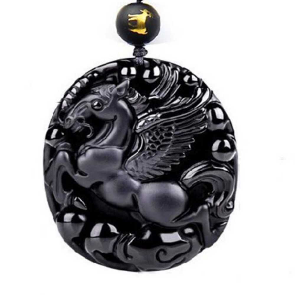 Natural Obsidian Carved pegasus Lucky Amulet Pendant Natural Cross Zodiac Gold