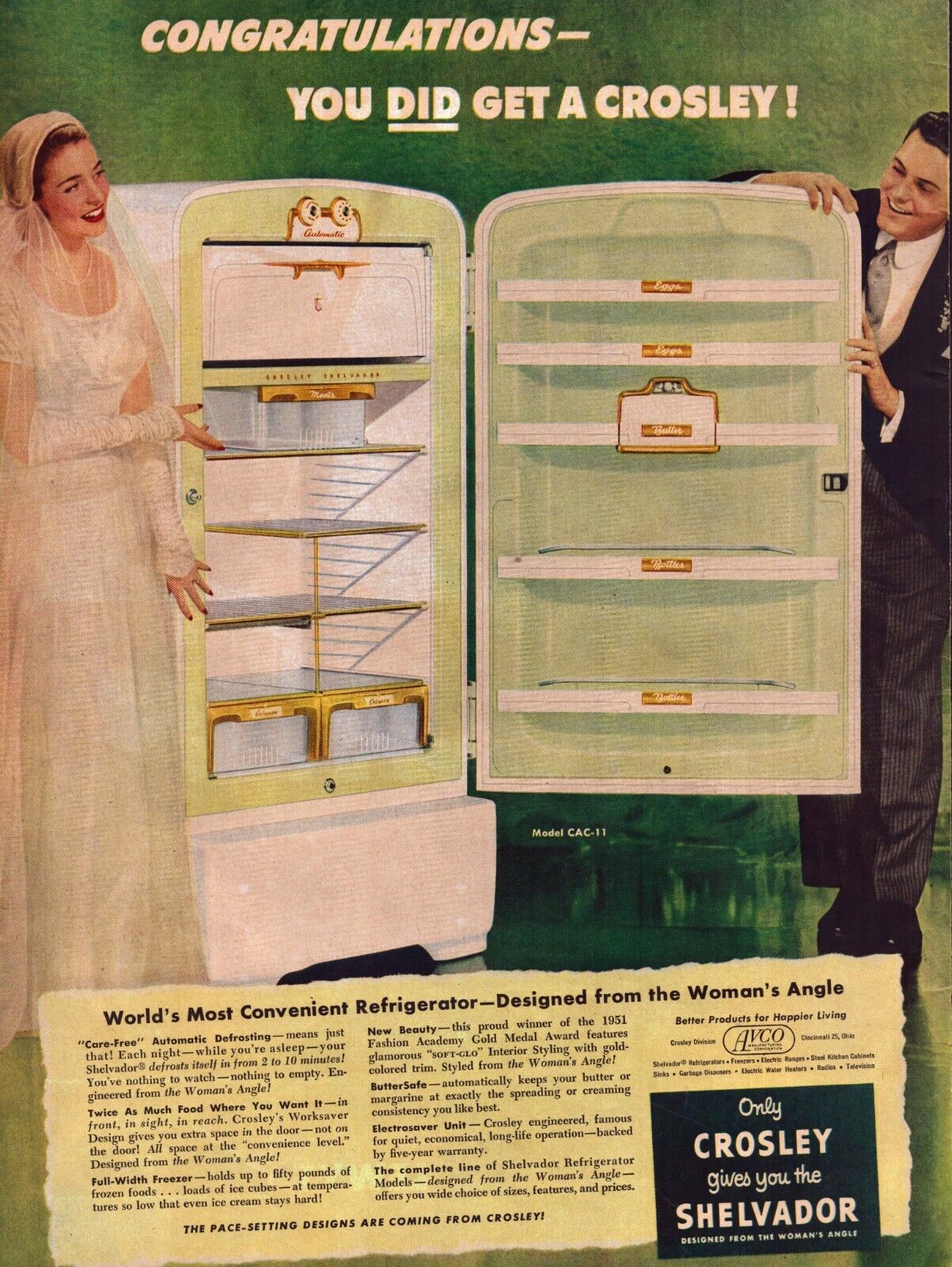 1951 Crosley Refrigerator Print Ad Shelvador Wedding Gift Newlyweds Bride